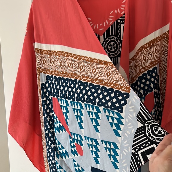 Matison Stone Silk Kimono, Open Front in Orange Teal Black Grey Rust - Picture 11 of 12